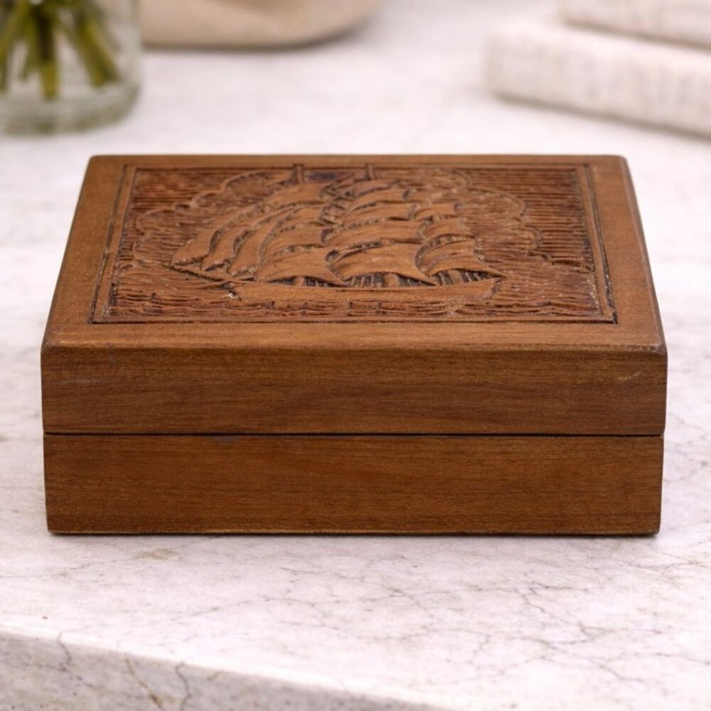 Vintage Wooden Trinket Box With Carved Sailing Ship Design & Brass Hinges